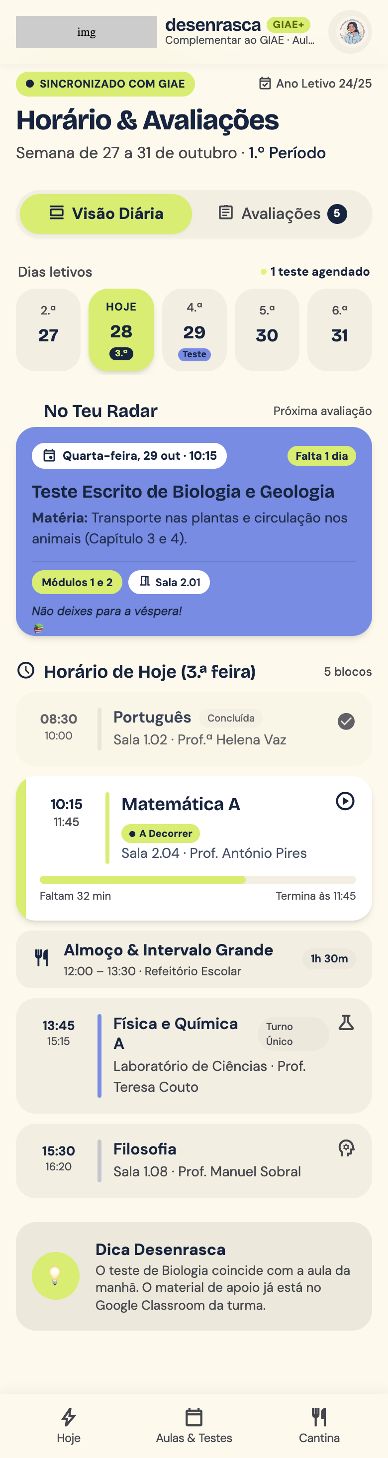 Estudo visual do calendário e das avaliações, com dados de demonstração